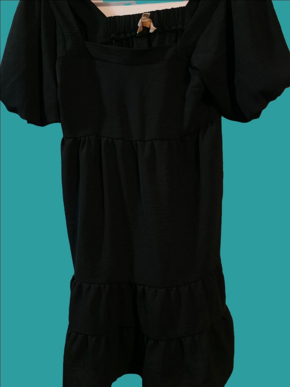 4/$67 Deal! Monteau Black Puff-Sleeve Tiered Square-Neck Mini Dress